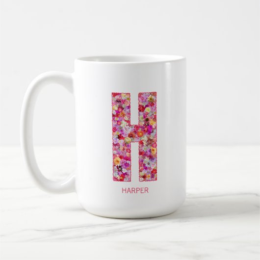 Personalized Initial | Floral Letter H Monogram コーヒーマグカップ (左)