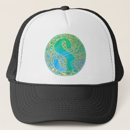 Personalized Initial 'S' Hat - Gold Teal Mandala キャップ (正面)