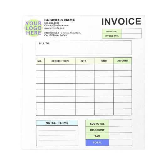 Personalized Invoice Order Form & Business Logo ノートパッド (正面)