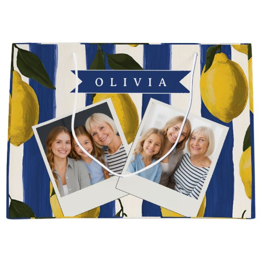 Personalized Italian Lemon Stripe Coastal  ラージペーパーバッグ (正面)