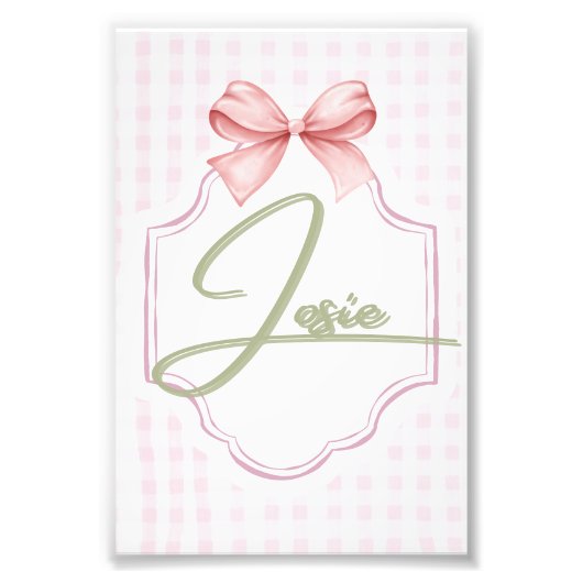 Personalized Josie Baby Girl Nursery Bow&Gingham フォトプリント (正面)