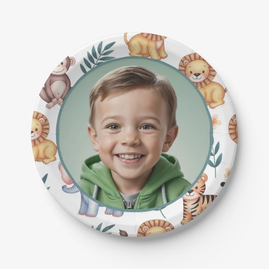 Personalized Jungle Safari Animal Border Photo ペーパープレート (正面)
