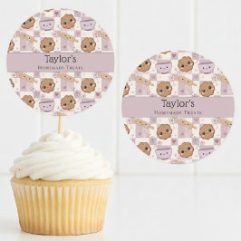 Personalized Kawaii Cookie Gingham Cupcake Topper  ラウンドシール