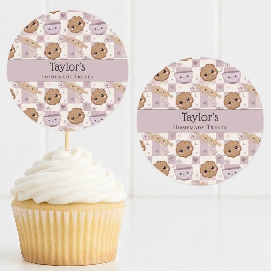 Personalized Kawaii Cookie Gingham Cupcake Topper  ラウンドシール