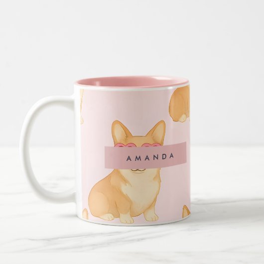 Personalized Kawaii Corgi with Heart Sunglasses ツートーンマグカップ (左)