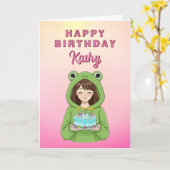 Personalized Kawaii Frog Hoodie Girl Birthday カード (黄色い花)