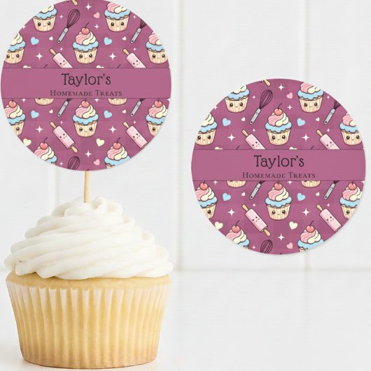 Personalized Kawaii Pink Purple Cupcake Topper  ラウンドシール