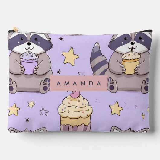 Personalized Kawaii Raccoons with Cupcakes Pattern アクセサリーポーチ (正面)