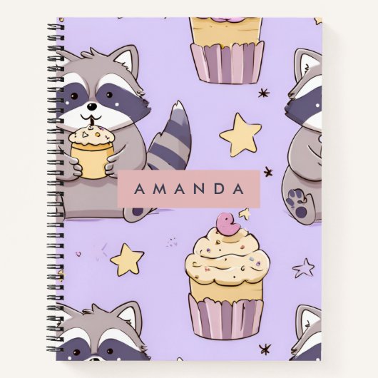 Personalized Kawaii Raccoons with Cupcakes Pattern ノートブック (正面)