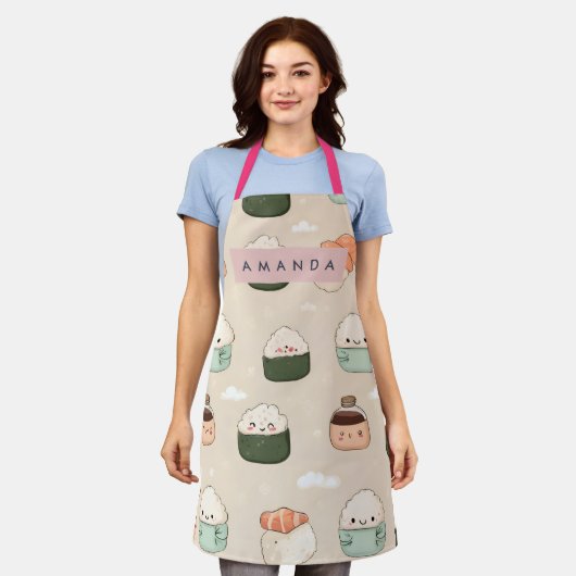 Personalized Kawaii Sushi Japanese Food Pattern エプロン (着用した状態)