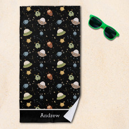 Personalized Kids' Alien & Spaceship ビーチタオル