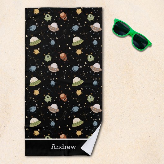 Personalized Kids' Alien & Spaceship ビーチタオル
