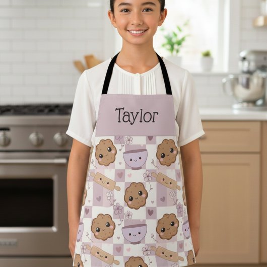 Personalized Kids Apron Kawaii Cookie Gingham Bake エプロン
