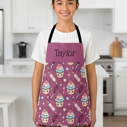 Personalized Kids Apron Kawaii Pink PurpleCupcake  エプロン