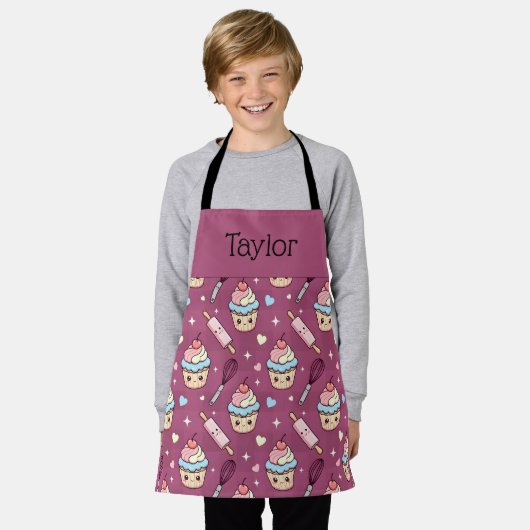 Personalized Kids Apron Kawaii Pink PurpleCupcake  エプロン (着用した状態)