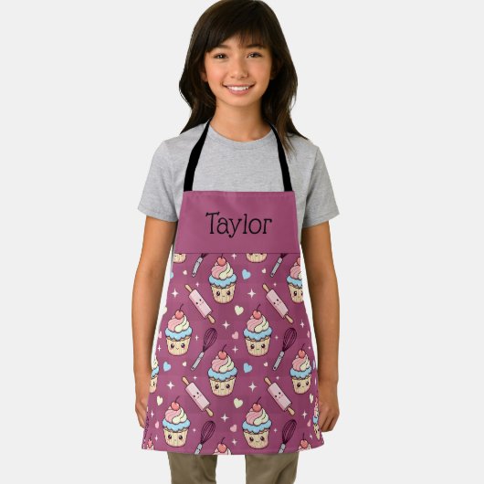 Personalized Kids Apron Kawaii Pink PurpleCupcake  エプロン (インサイチュ)