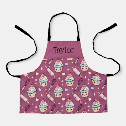 Personalized Kids Apron Kawaii Pink PurpleCupcake  エプロン (正面)