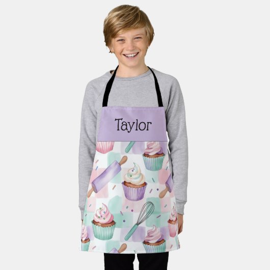 Personalized Kids Apron Lavender Cupcake Mom Me エプロン (着用した状態)
