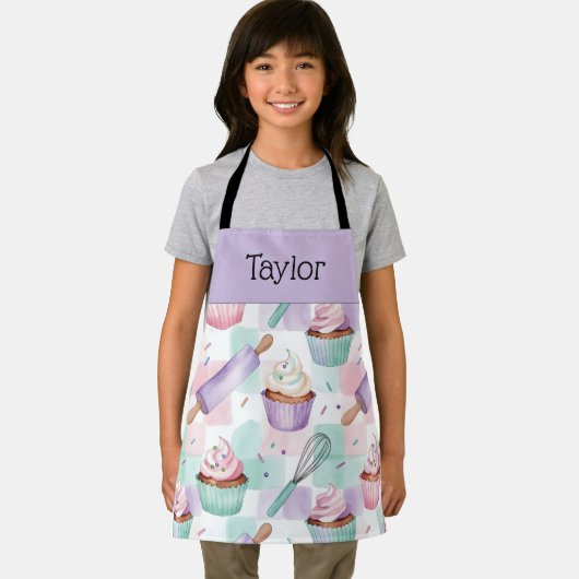 Personalized Kids Apron Lavender Cupcake Mom Me エプロン (インサイチュ)