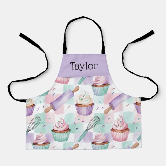 Personalized Kids Apron Lavender Cupcake Mom Me エプロン (正面)