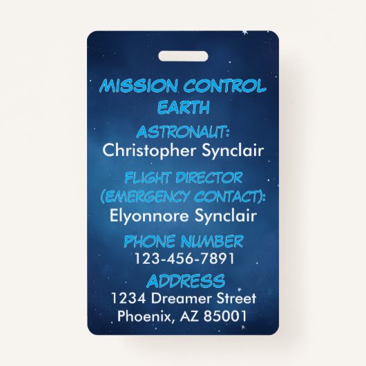Personalized Kids Astronaut Emergency Contact バッジ (裏面)