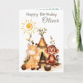 Personalized Kids Birthday Card with Cute Animals カード