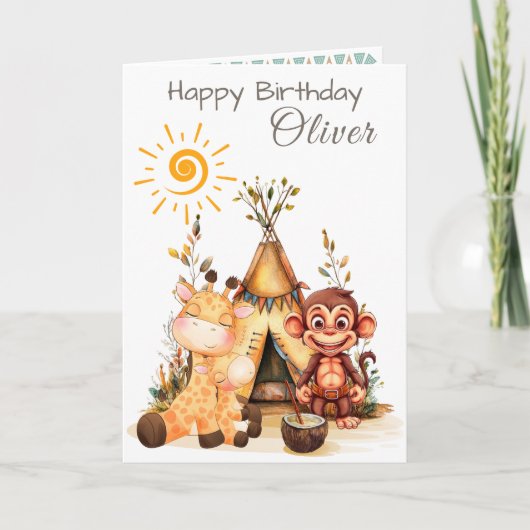 Personalized Kids Birthday Card with Cute Animals カード (正面)