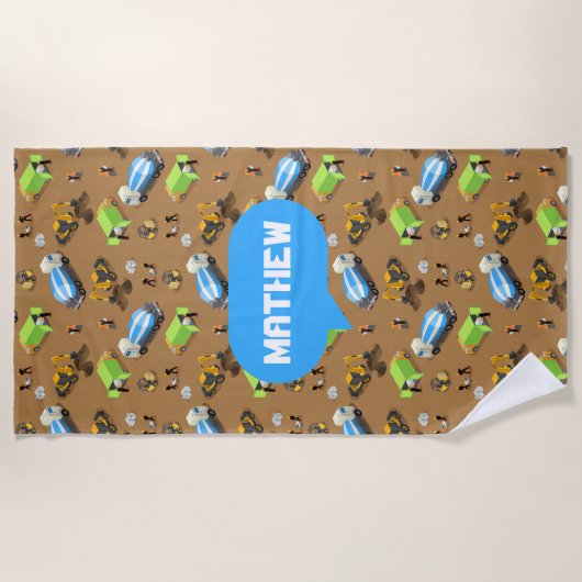 Personalized Kids Construction Vehicles  ビーチタオル (正面)