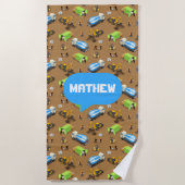 Personalized Kids Construction Vehicles  ビーチタオル (正面)