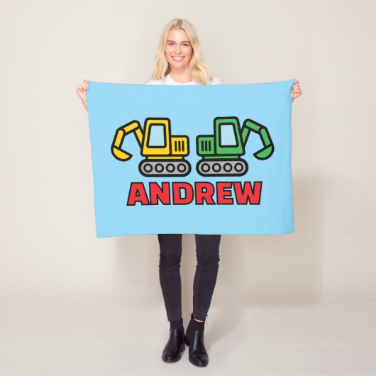 Personalized kid's fleece blanket with excavators フリースブランケット (インサイチュ)