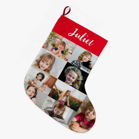 Personalized Kids Name & Photo Collage ラージクリスマスストッキング (正面 (吊り時))