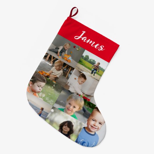 Personalized Kids Name & Photo Collage ラージクリスマスストッキング (正面 (吊り時))