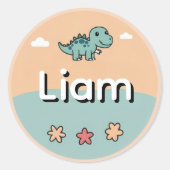 Personalized Kids Name Sticker– Cute Dinosaur  ラウンドシール (正面)