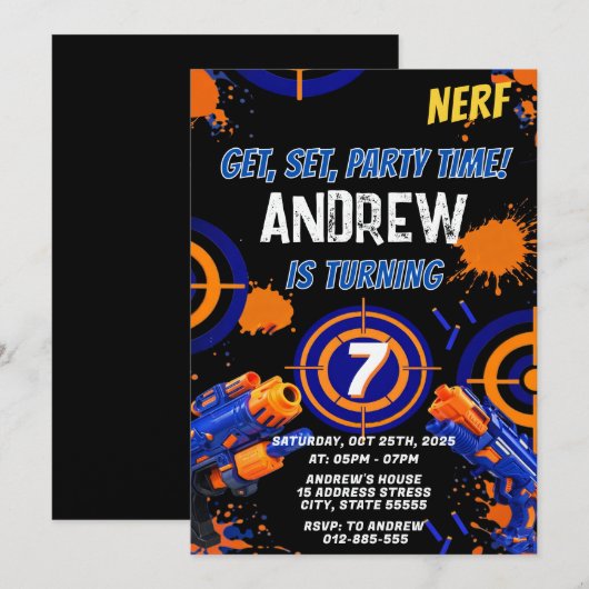 Personalized Kids Nerf Birthday Invitation 招待状 (正面/裏面)