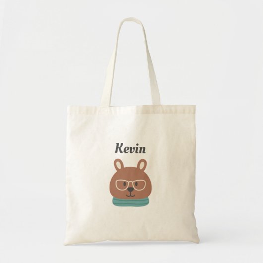 Personalized Kids' Tote Bag with Hipster Bear  トートバッグ (正面)
