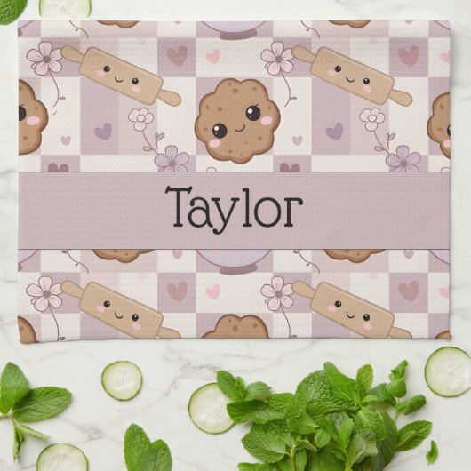 Personalized Kitchen Tea Towel Kawaii Cookie  キッチンタオル (折り畳み)