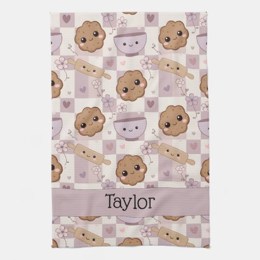 Personalized Kitchen Tea Towel Kawaii Cookie  キッチンタオル (縦)