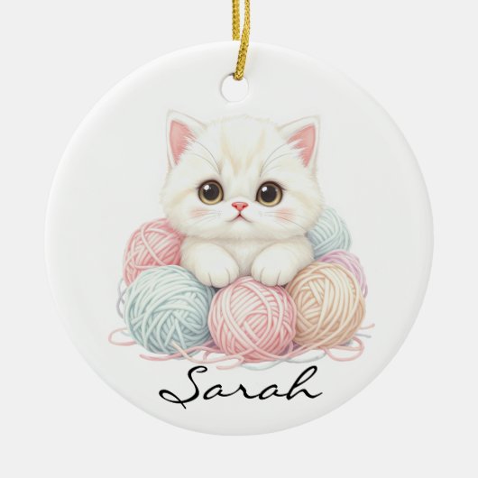 Personalized Knitting Kitten Ornament セラミックオーナメント (正面)