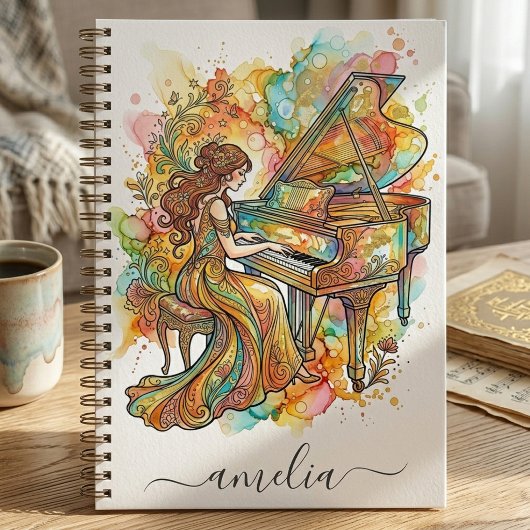 Personalized Lady Grand Piano Artistic Colourful   ノートブック