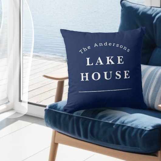 Personalized Lake House Navy Blue Family Name クッション