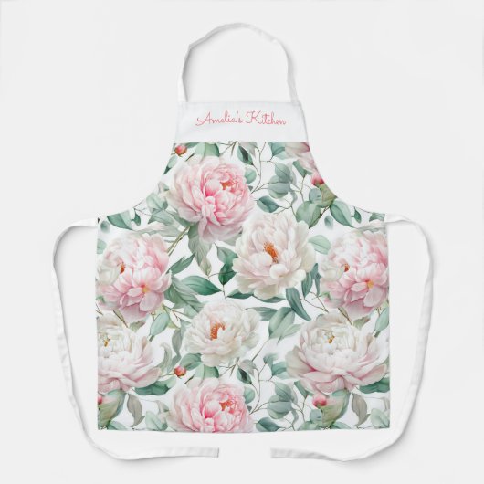 Personalized Large Floral Pattern Pink White Green エプロン (正面)