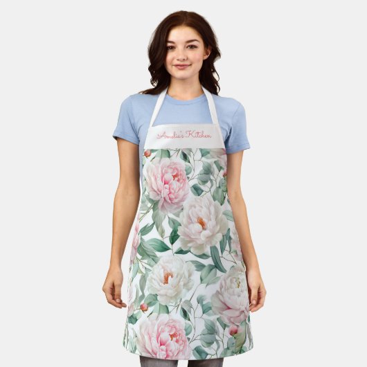Personalized Large Floral Pattern Pink White Green エプロン (着用した状態)
