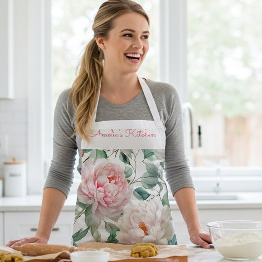 Personalized Large Floral Pattern Pink White Green エプロン