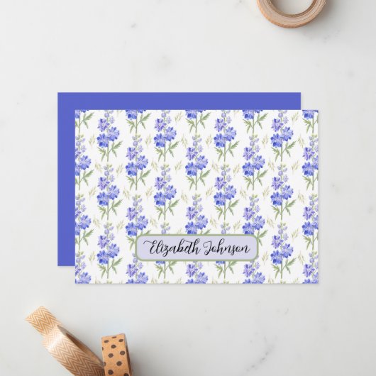 Personalized Larkspur Floral Botanical Note Card ノートカード (正面/裏面インサイチュ)