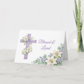 Personalized Lavender Floral Cross Blessed & Loved カード (正面)
