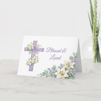 Personalized Lavender Floral Cross Blessed & Loved カード