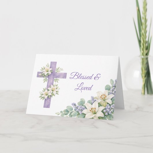 Personalized Lavender Floral Cross Blessed & Loved カード (正面)