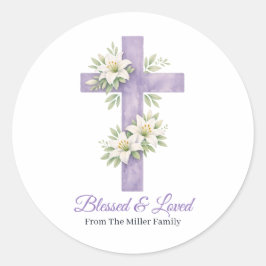 Personalized Lavender Floral Cross Blessed & Loved ラウンドシール
