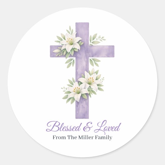 Personalized Lavender Floral Cross Blessed & Loved ラウンドシール (正面)