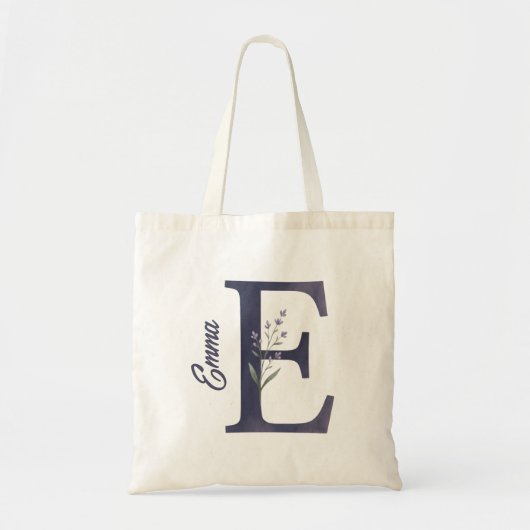 Personalized Lavender Floral E Monogram Tote トートバッグ (正面)